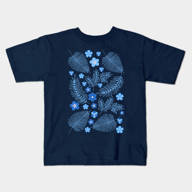 Light Blue leaves and flowers pattern Kids T-Shirt by PedaDesign